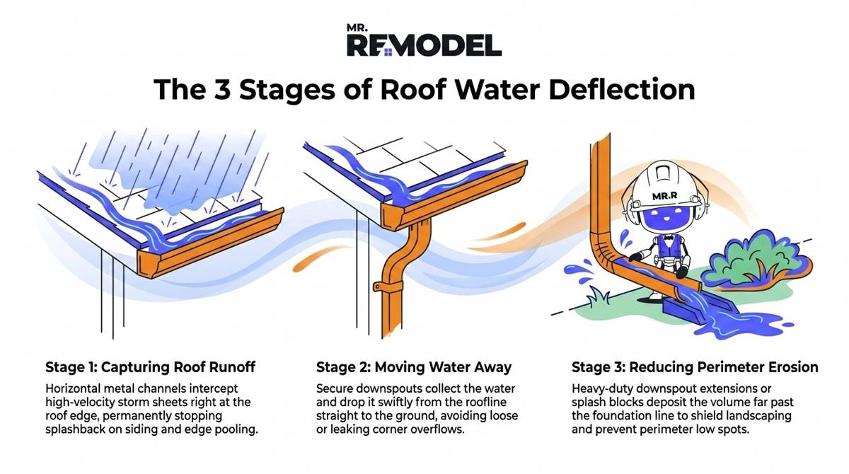 A 3-step technical process infographic detailing roof runoff capture, downspout transit, and extended ground discharge to prevent residential perimeter soil erosion.